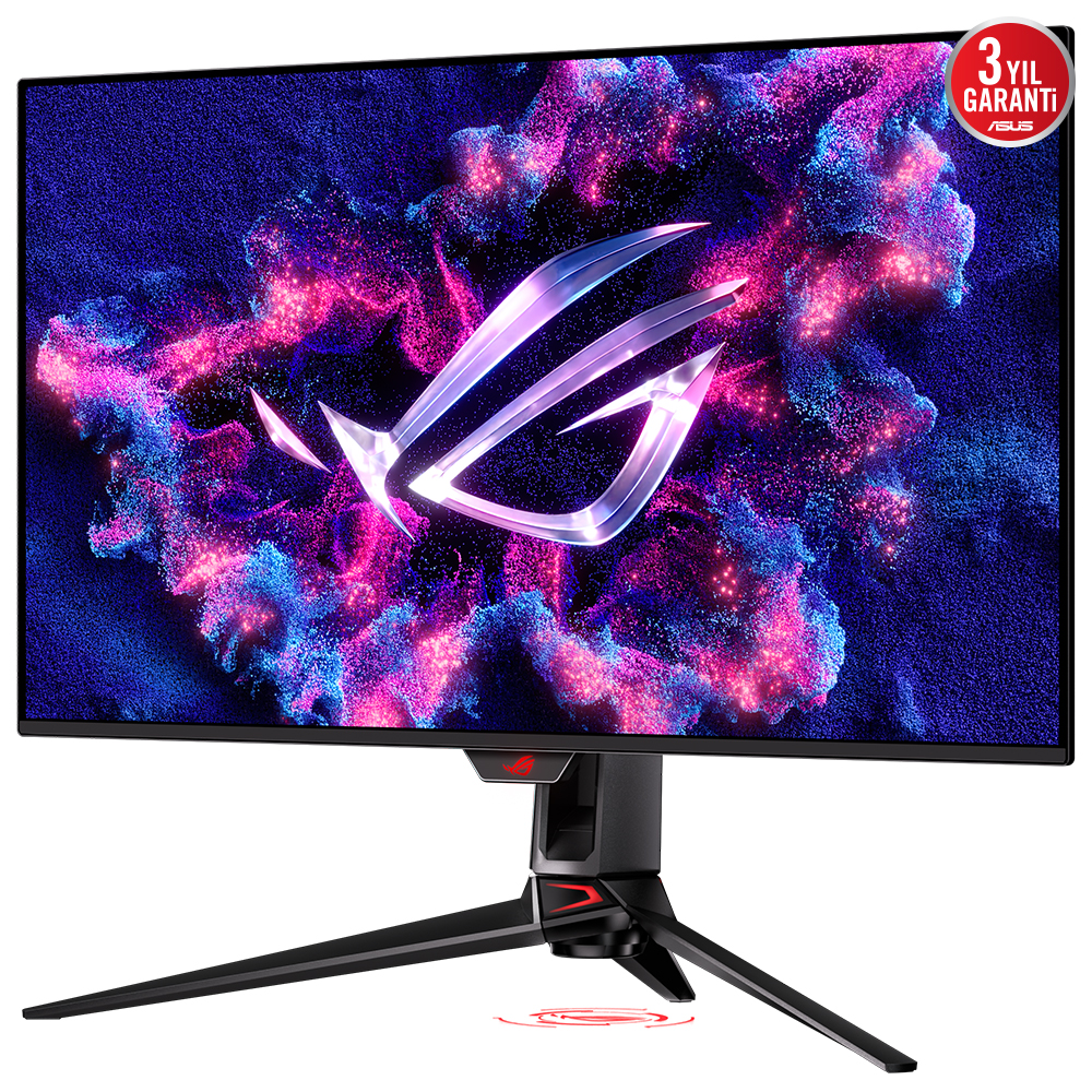 Oyun temalı bilgisayar monitörü. Siyah çerçeve, stand ve renkli ekran.