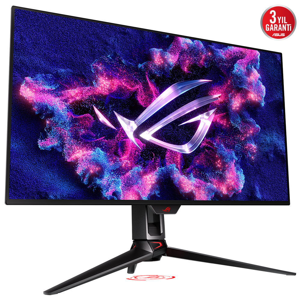 Kavisli ekranlı ve standlı bir ASUS ROG monitör, renkli bir grafik görüntülüyor.