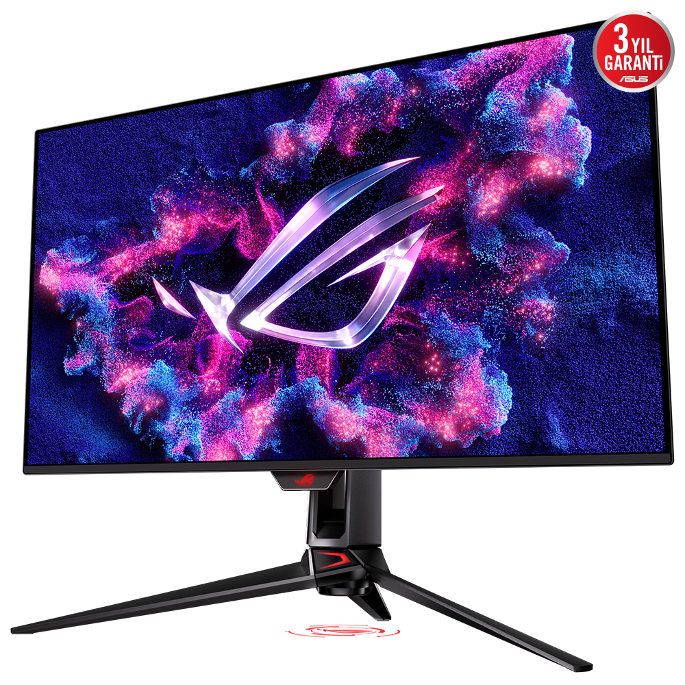 Oyun temalı bilgisayar monitörü. Siyah çerçeve, stand ve renkli ekran.