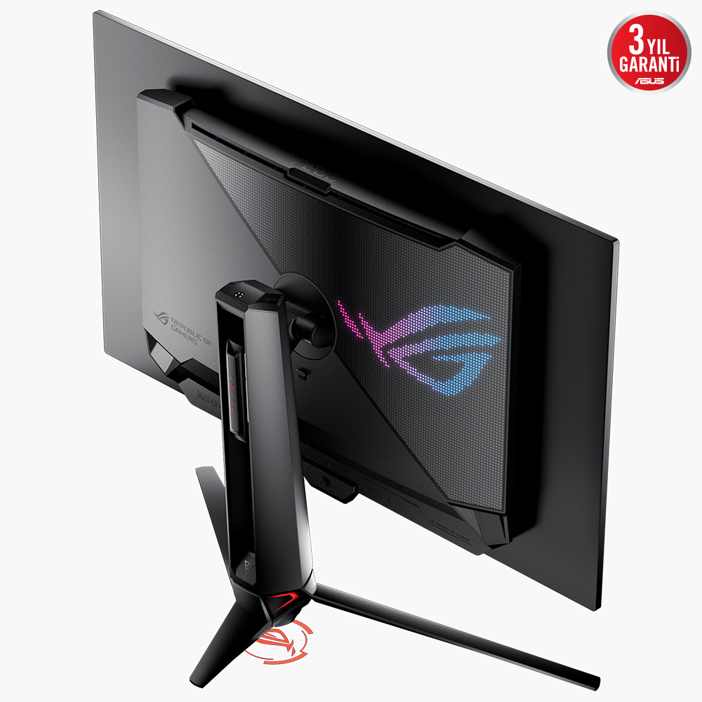 Siyah monitör arkadan. Bir standı ve logosu var. Arkası ışıklı bir tasarıma sahip.