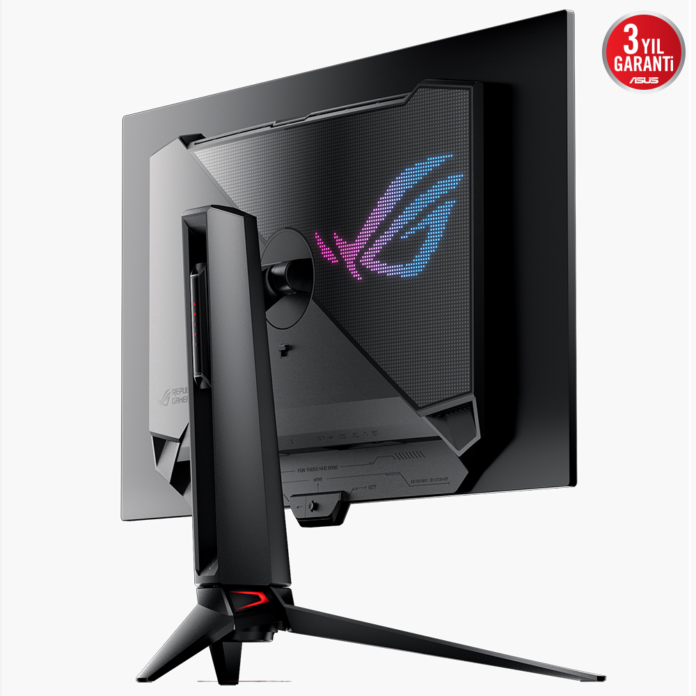 Siyah oyun monitörünün arkası, standlı. Arka panelde aydınlatmalı ASUS ROG logosu. Beyaz zemin.