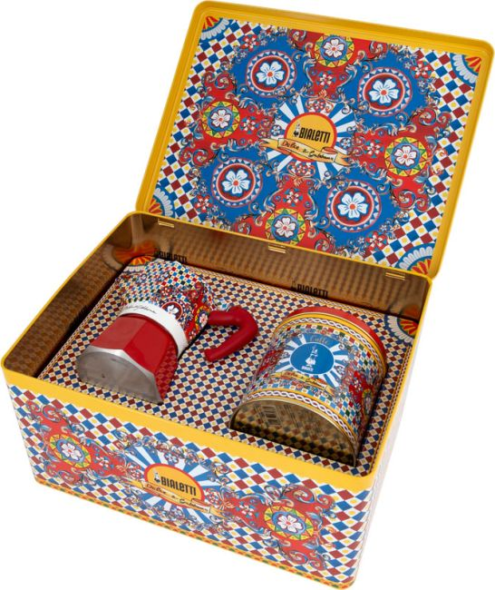 Dolce & Gabbana Bialetti Kaffee-Set. Roter Kaffeezubereiter und Dose in einer Geschenkbox.