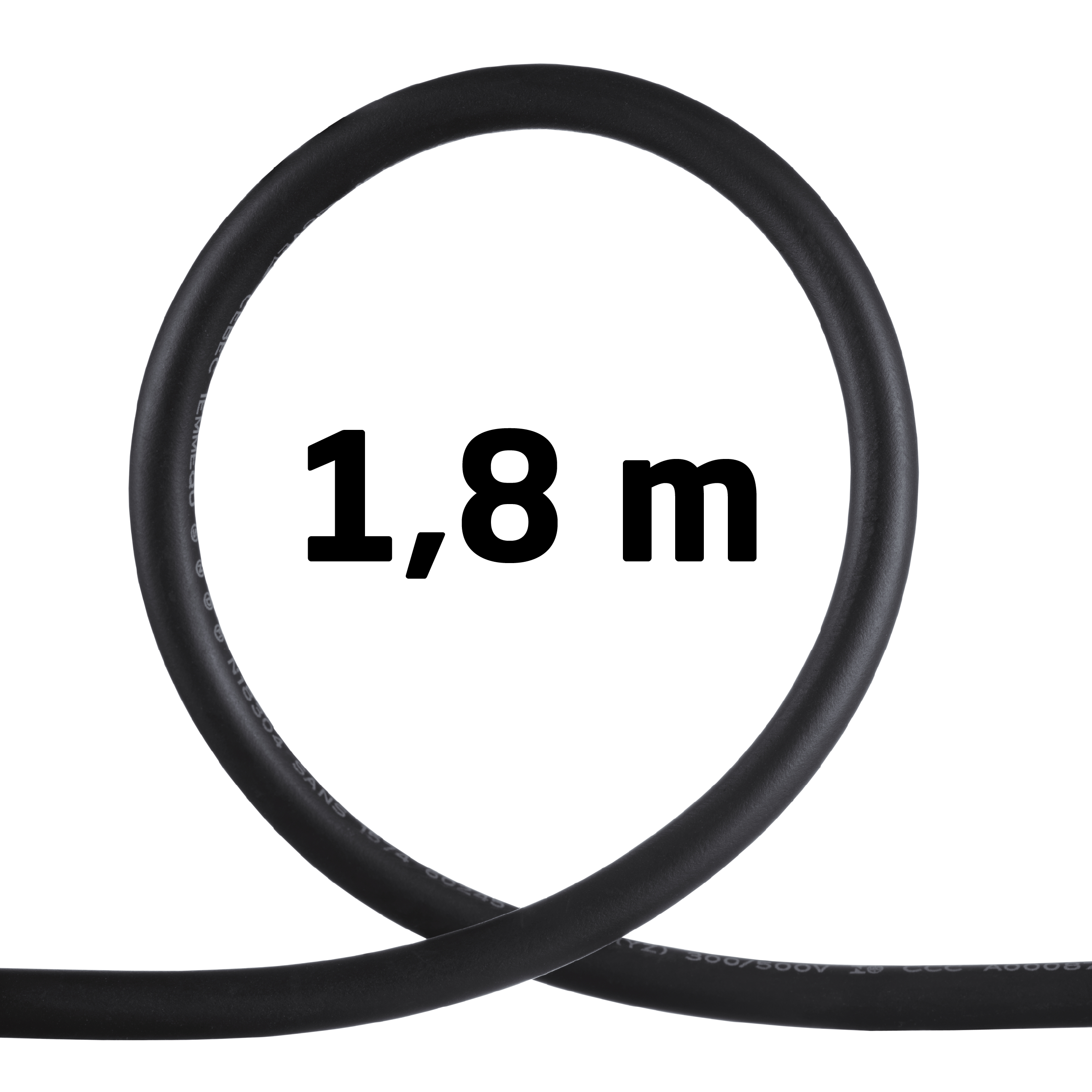 Schwarzes Kabel zu einem Kreis gewickelt. Text in der Mitte: 1,8 m.