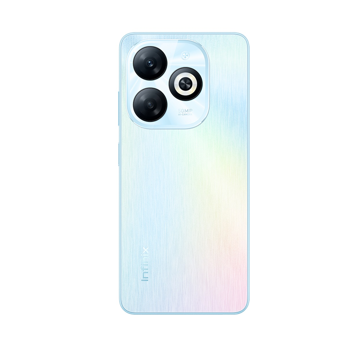 Arka tarafında üçlü kamera kurulumu olan mavi ve beyaz Infinix telefon.