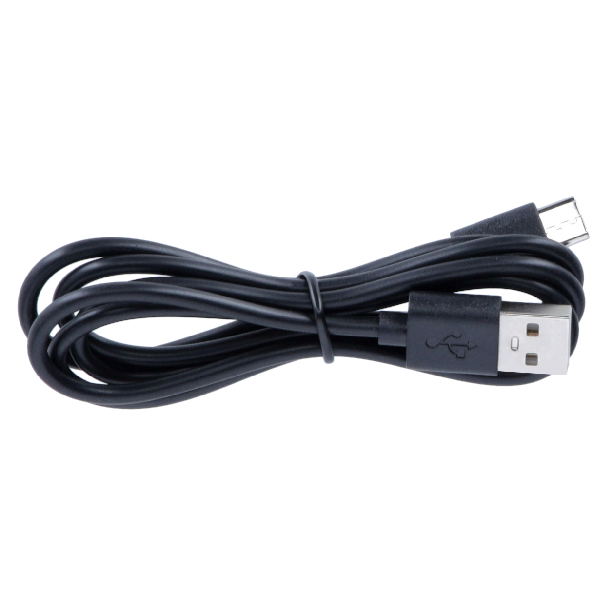 Schwarzes USB-zu-USB-C-Kabel. Das Kabel ist aufgerollt und befindet sich auf weißem Hintergrund. USB- und USB-C-Anschlüsse.