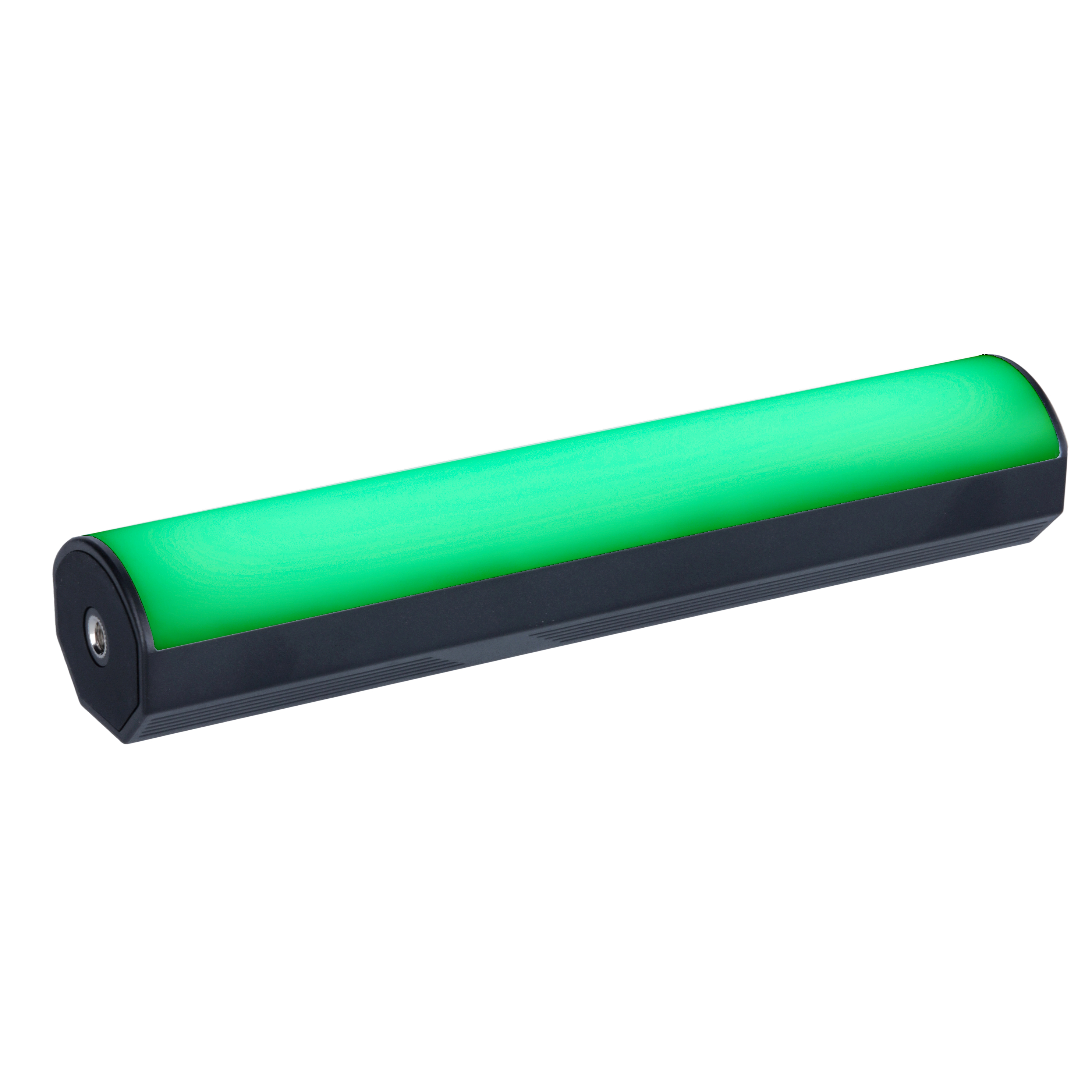 Ein grüner Lichtbalken mit schwarzen Endkappen, gezeigt auf einer weißen Oberfläche.