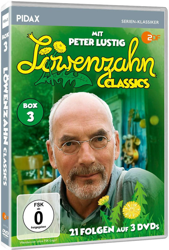 DVD-Box-Set mit dem Gesicht eines Mannes und dem Text 'Löwenzahn Classics' mit dem ZDF-Logo.