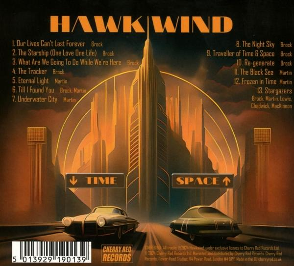 Rückseite des Albums 'Hawkwind' von Hawkwind, mit Titelliste und Artwork.