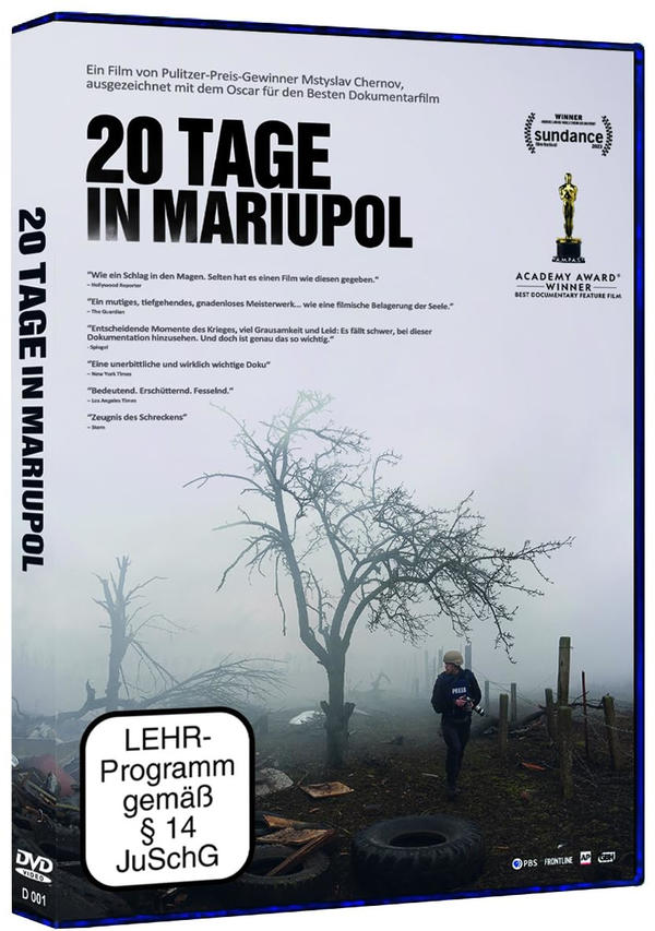 DVD-Cover für den Film '20 Tage in Mariupol'. Mit Baum, Person und Text auf Deutsch. Weißer Hintergrund.