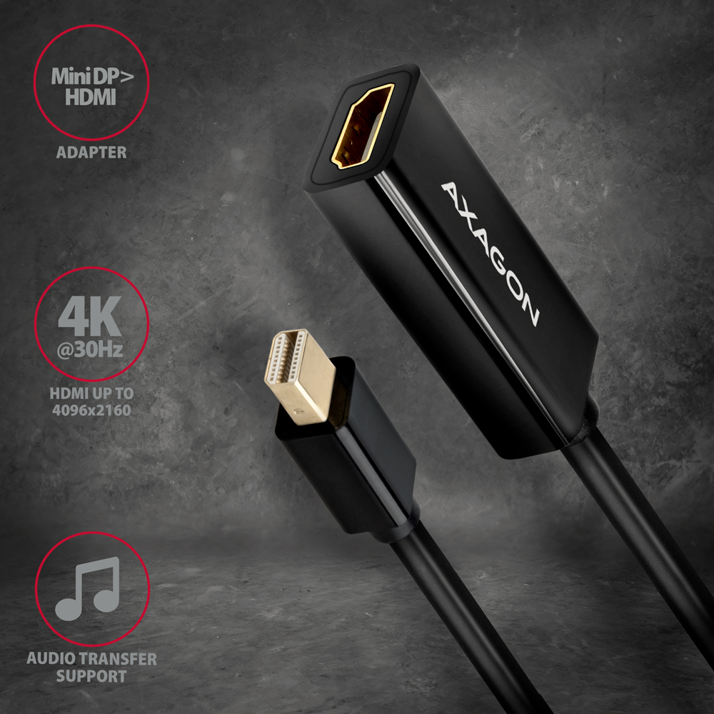 Egy fekete adapter arany csatlakozóval. Szöveg: HDMI-Mini DP adapter.