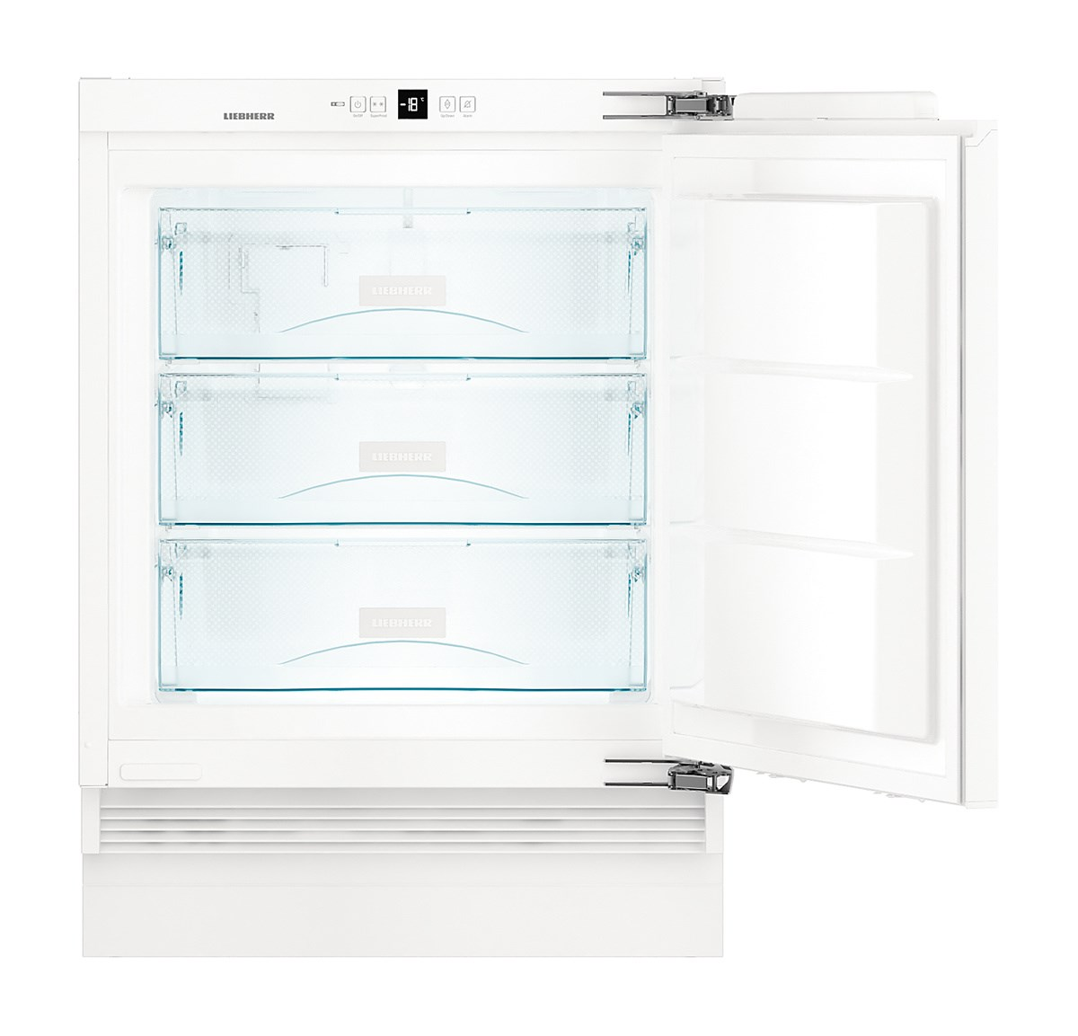 Ein weißer Kühlschrank mit offener Tür, der drei transparente Schubladen zeigt. Die Temperaturanzeige zeigt -18 Grad Celsius.