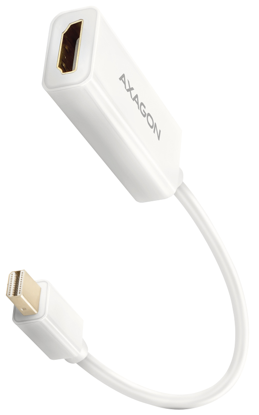 Egy fehér Axagon adapter. Van egy DisplayPort dugója és egy HDMI aljzata.