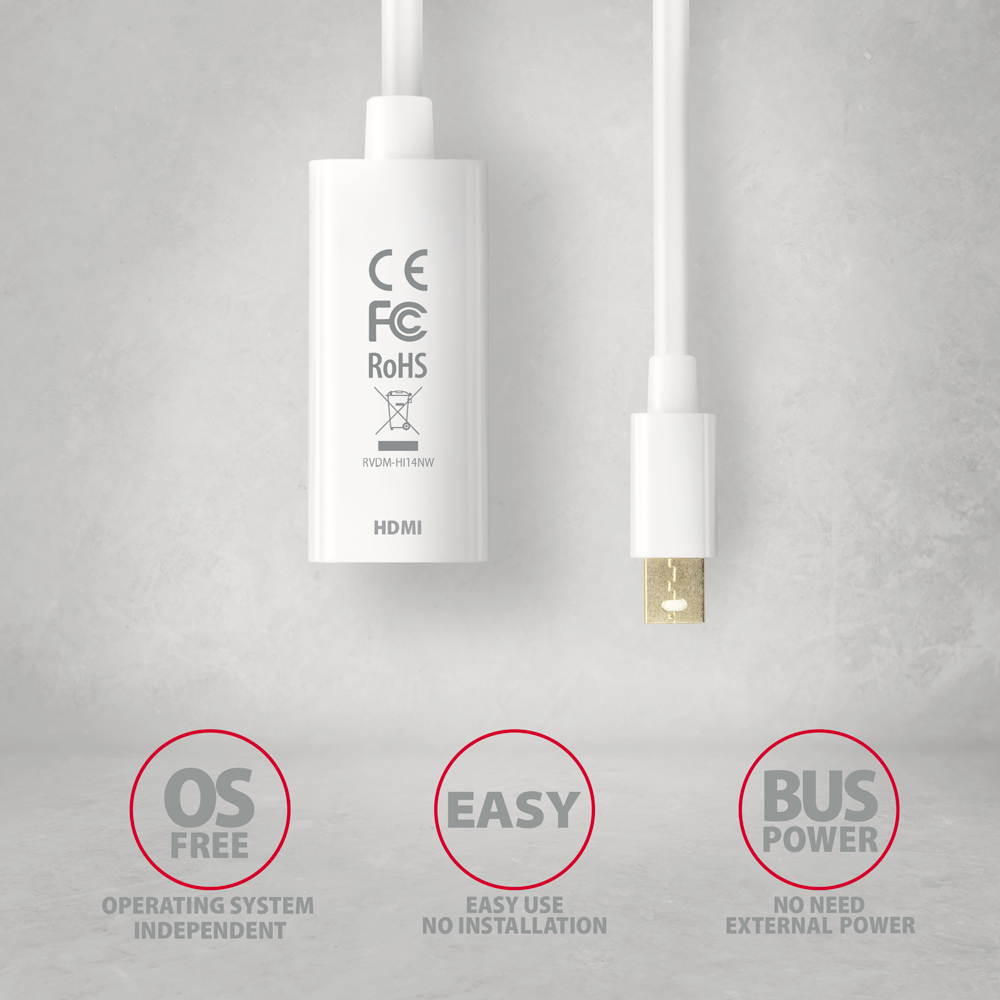 Fehér HDMI adapter és USB kábel. Az adapteren HDMI és CE FC RoHS felirat látható.
