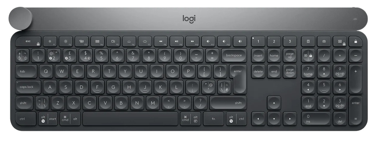 Ciemnoszara klawiatura z okrągłą regulacją głośności i klawiszami funkcyjnymi.