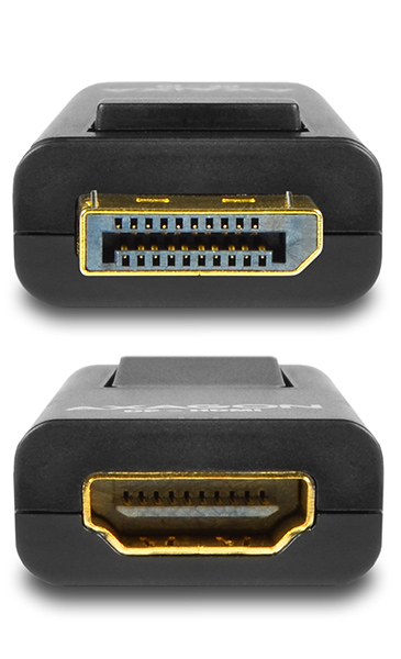Fekete DisplayPort-HDMI adapter, felül DisplayPort dugóval, alul HDMI-vel.