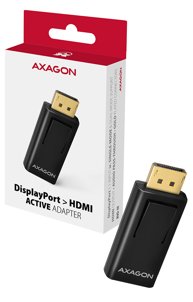 Fekete Axagon DisplayPort-HDMI adapter dobozzal és egy kiegészítővel.