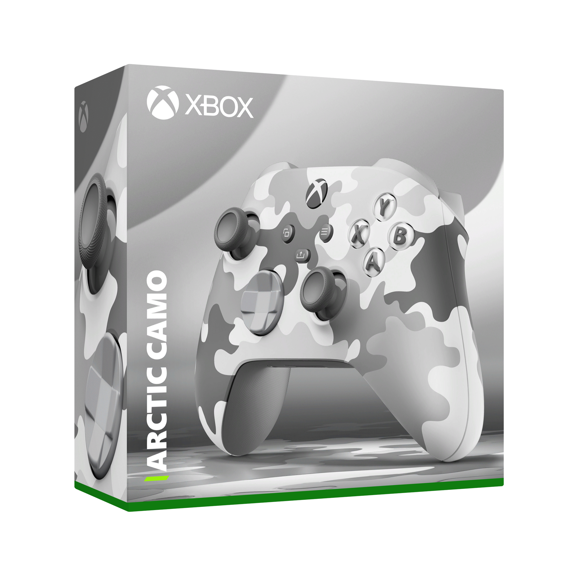 Ein grau-weißer Xbox-Controller in einer Box, mit Arctic Camo auf der Vorderseite.