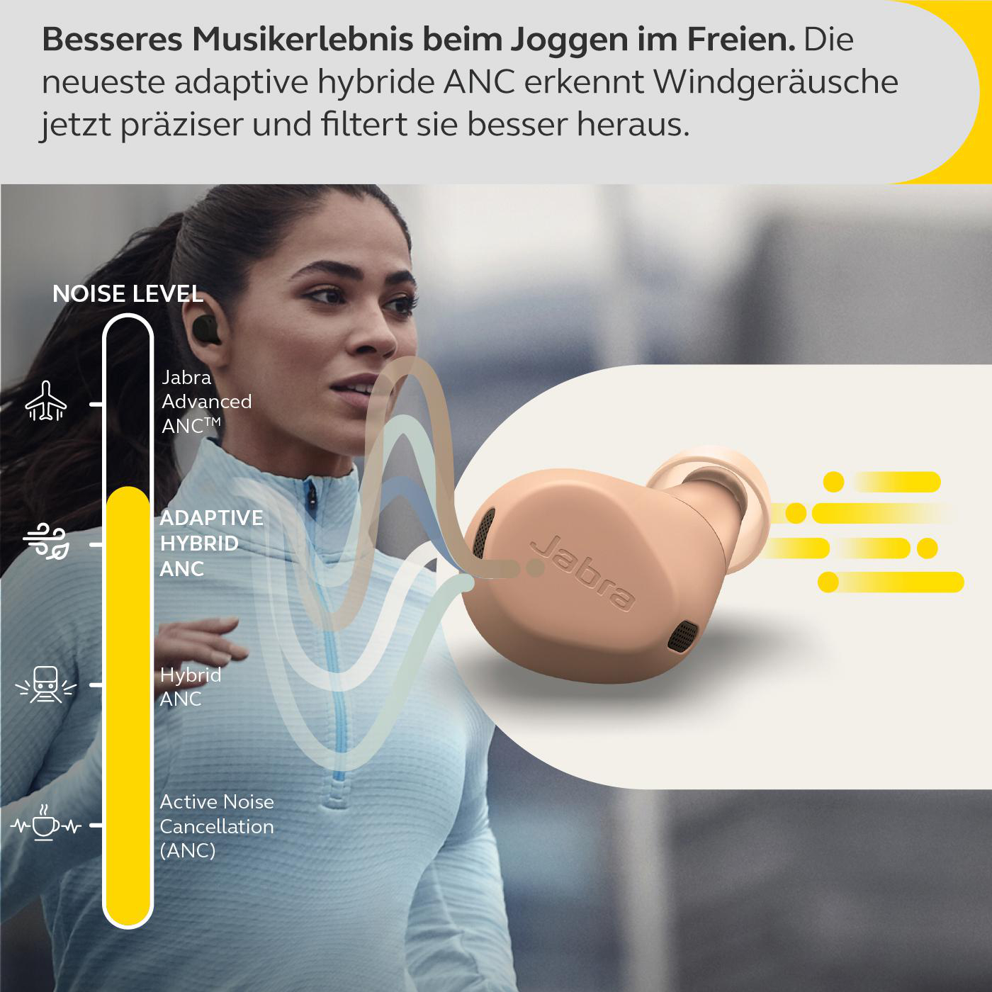 Frau joggt mit Ohrhörern. Diagramm zeigt Geräuschpegel und Jabra-Logo. Gelbe Linien und Punkte sind sichtbar.