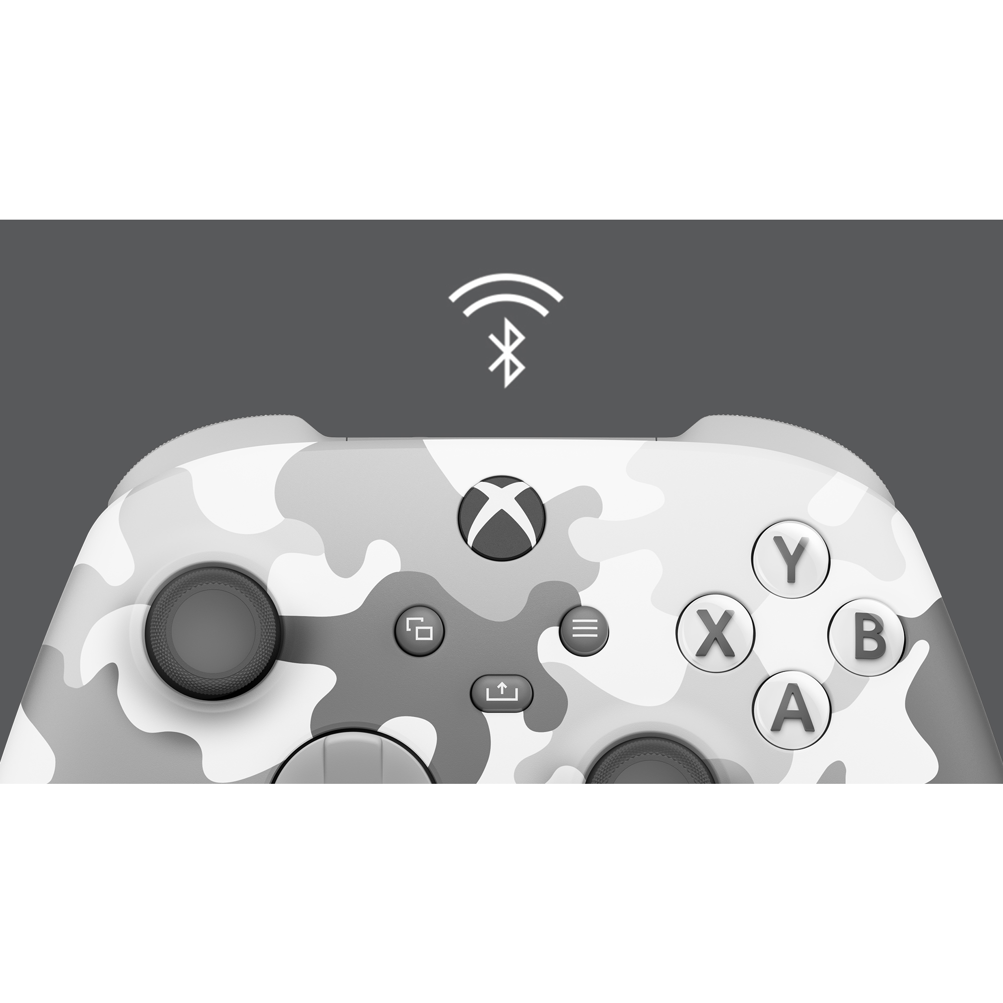 Nahaufnahme eines weißen und grauen Tarnmuster Xbox-Controllers. Bluetooth-Symbol darüber.