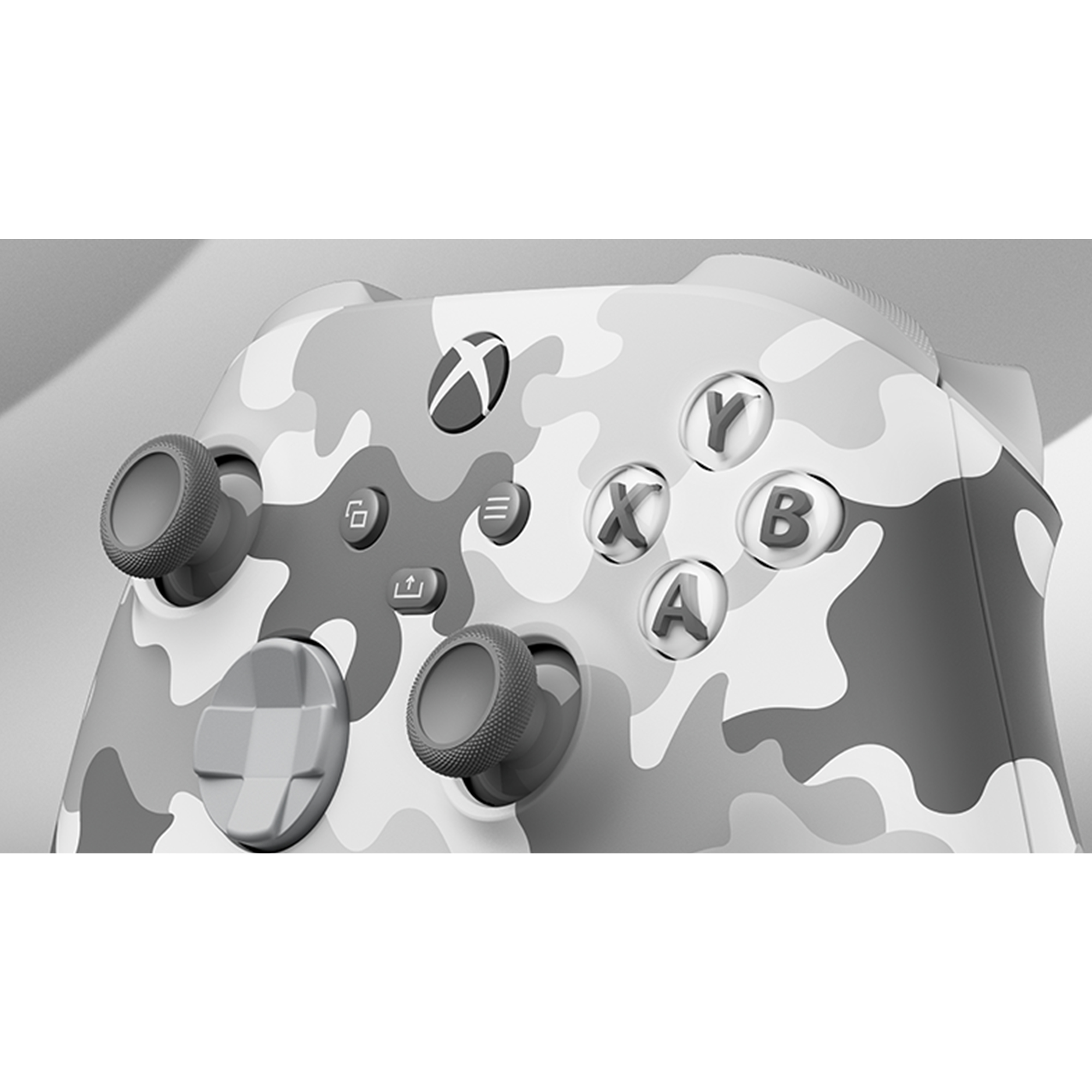 Nahaufnahme eines weiß-grauen Tarn Xbox-Controllers. Knöpfe: A, B, X, Y, und ein D-Pad.
