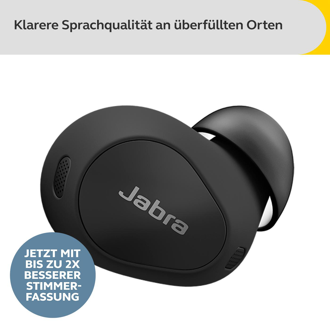 Schwarzer Jabra-Ohrhörer mit Text. Es hat eine abgerundete Form und einen kleinen, gebogenen Arm.