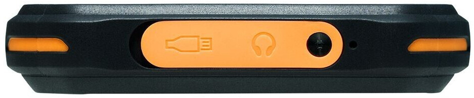 Egy fekete eszköz közeli képe narancssárga díszítéssel, portokat mutatva. A portok közé tartozik az USB, a fejhallgató-csatlakozó és egy gomb.