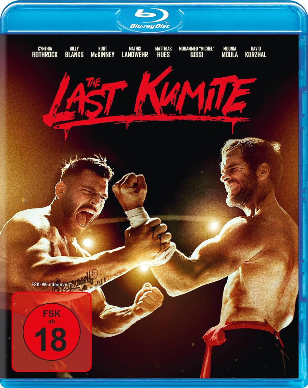 Blu-ray-Cover für den Film The Last Kumite. Es zeigt zwei Männer, die kämpfen. Die Freigabe ist FSK 18.