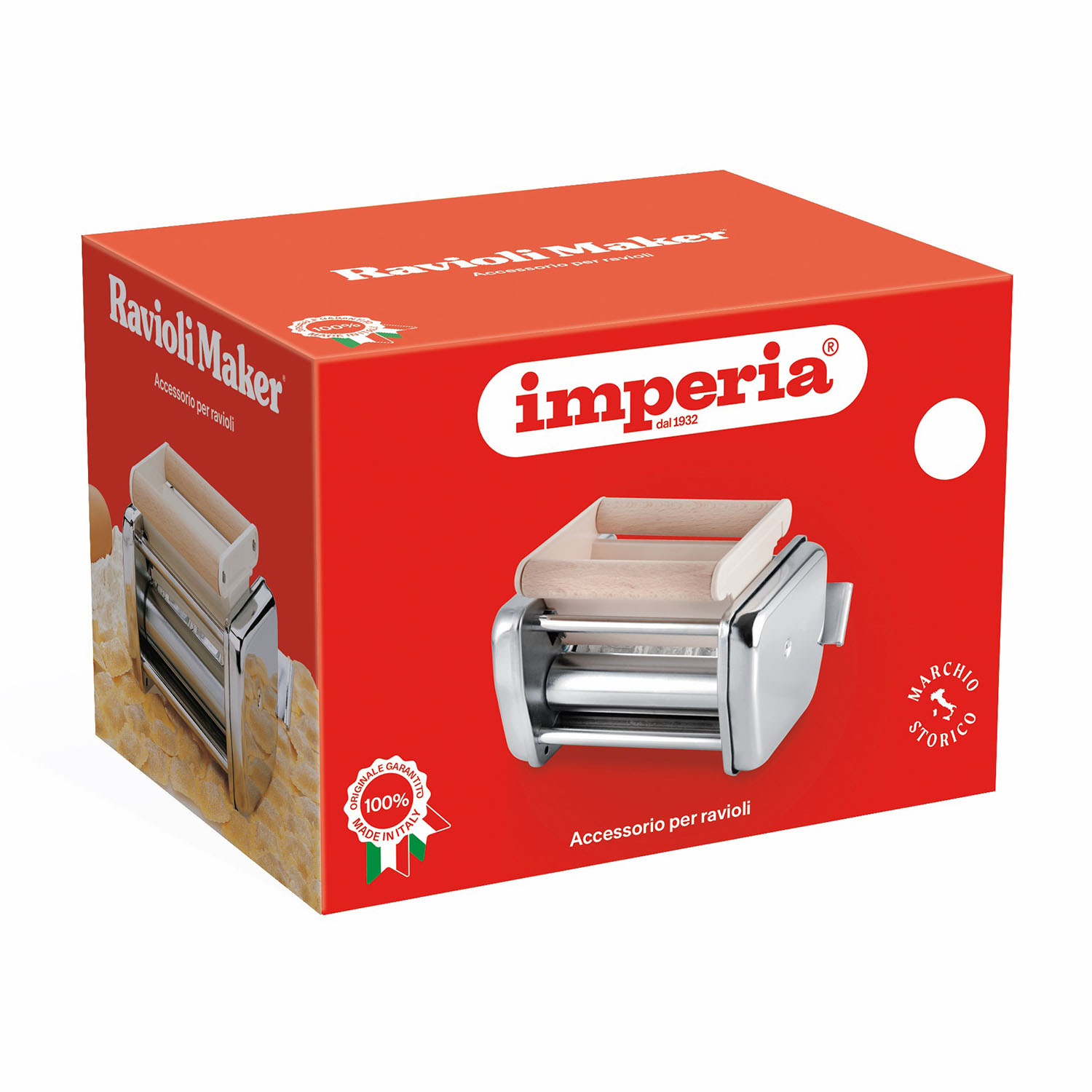Una scatola rossa e bianca con una Imperia Ravioli Maker all'interno.