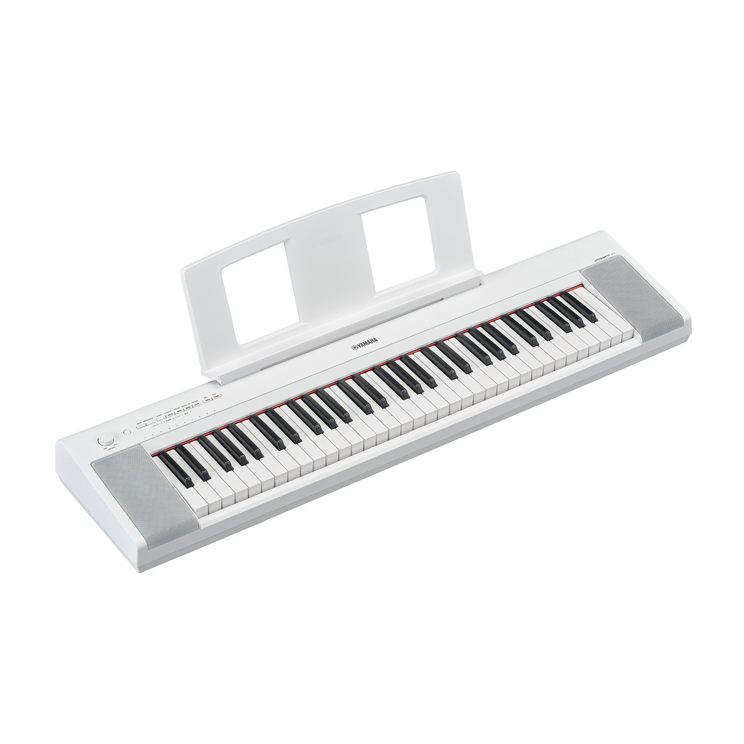 Un pianoforte digitale bianco con tasti neri e rossi e un leggio. Il logo Yamaha è visibile.