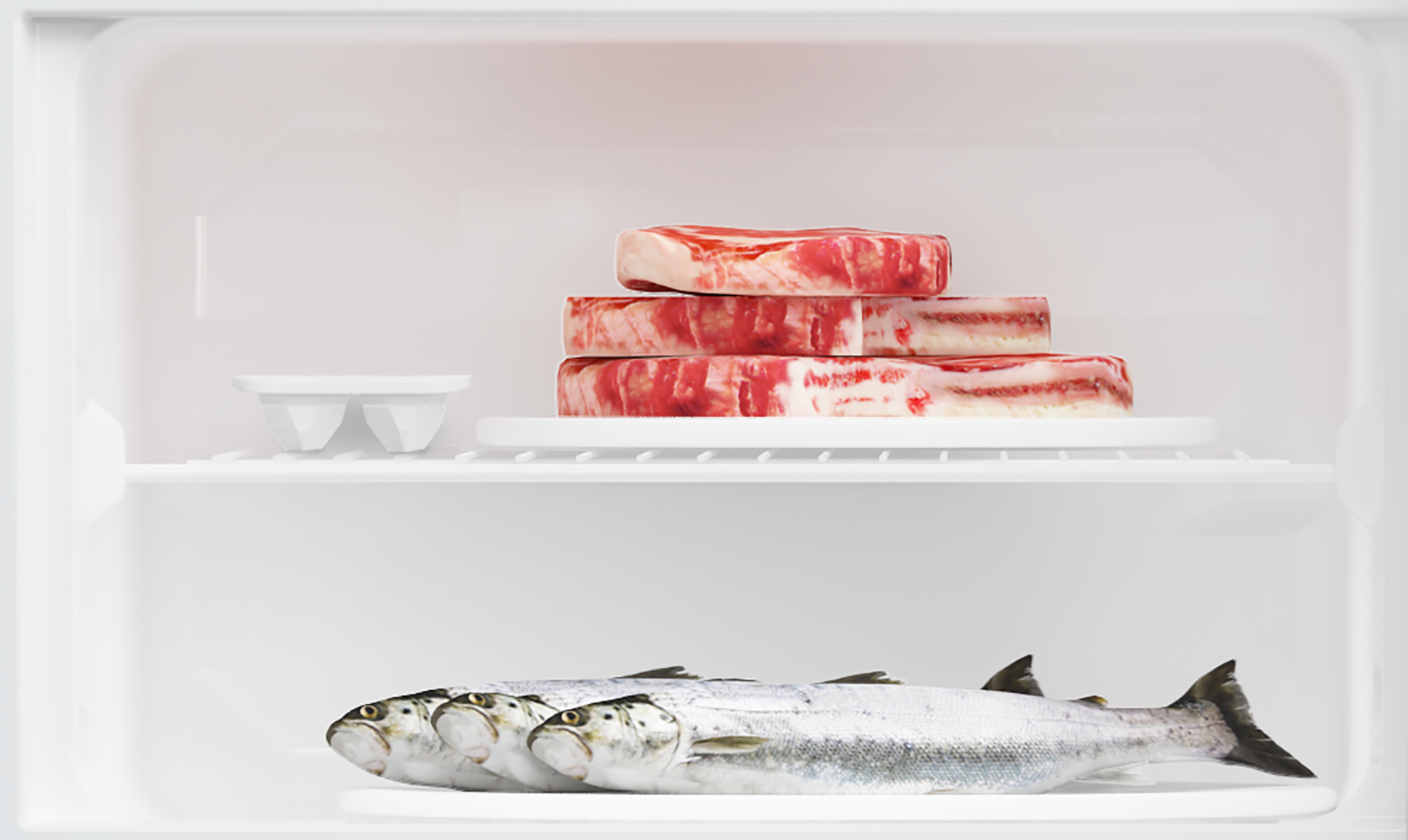 Nyitott hűtőszekrény steakkel a polcon és hallal alul. Fehér belső tér.