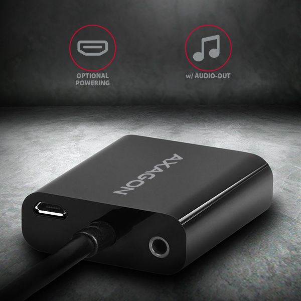 Fekete Axagon adapter USB-C porttal és audio kimenettel. Opcionális tápellátás ikon látható.