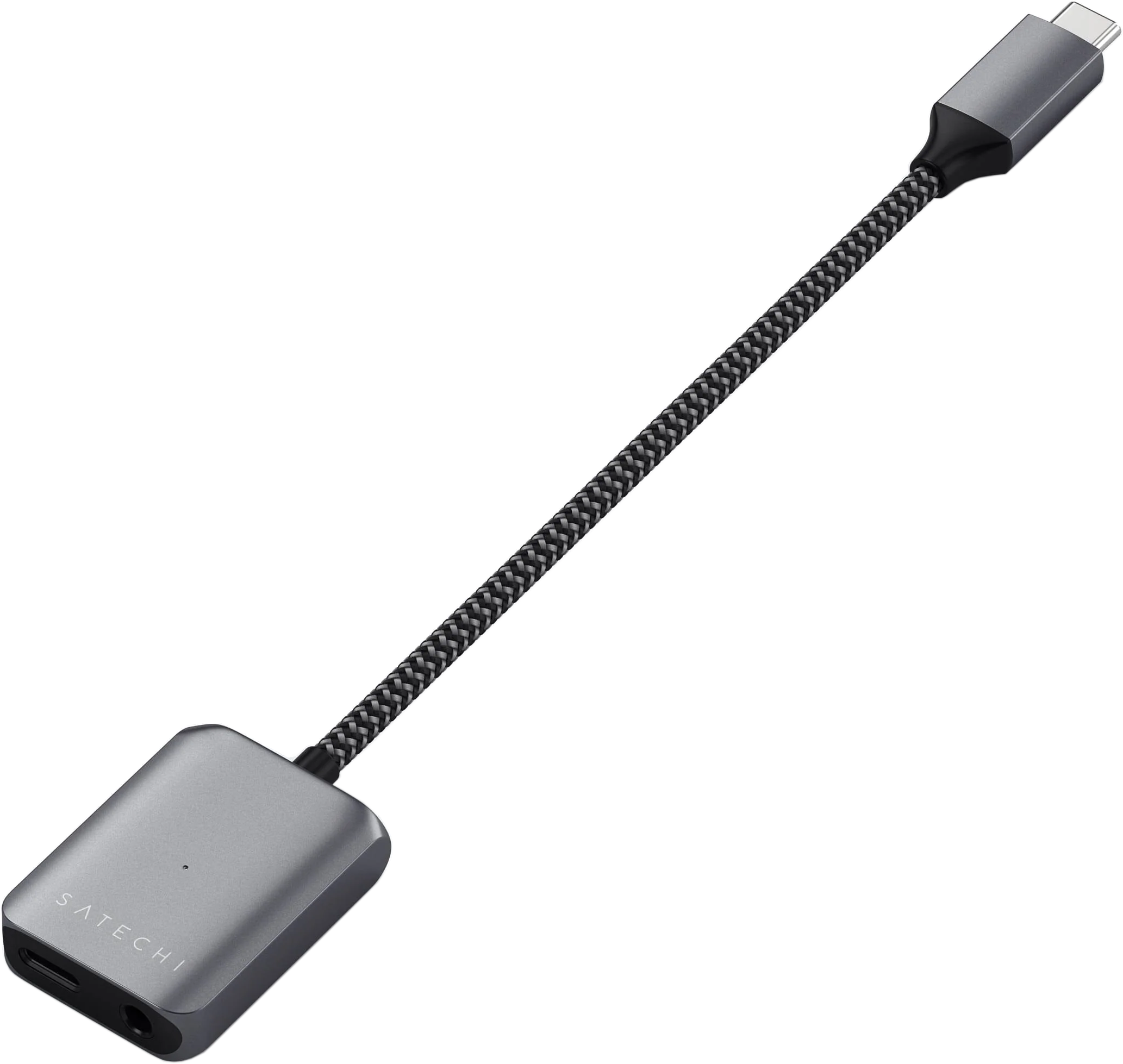 Szürke Satechi adapter USB-C és audio portokkal, fekete-szürke fonott kábellel, fekete háttér.