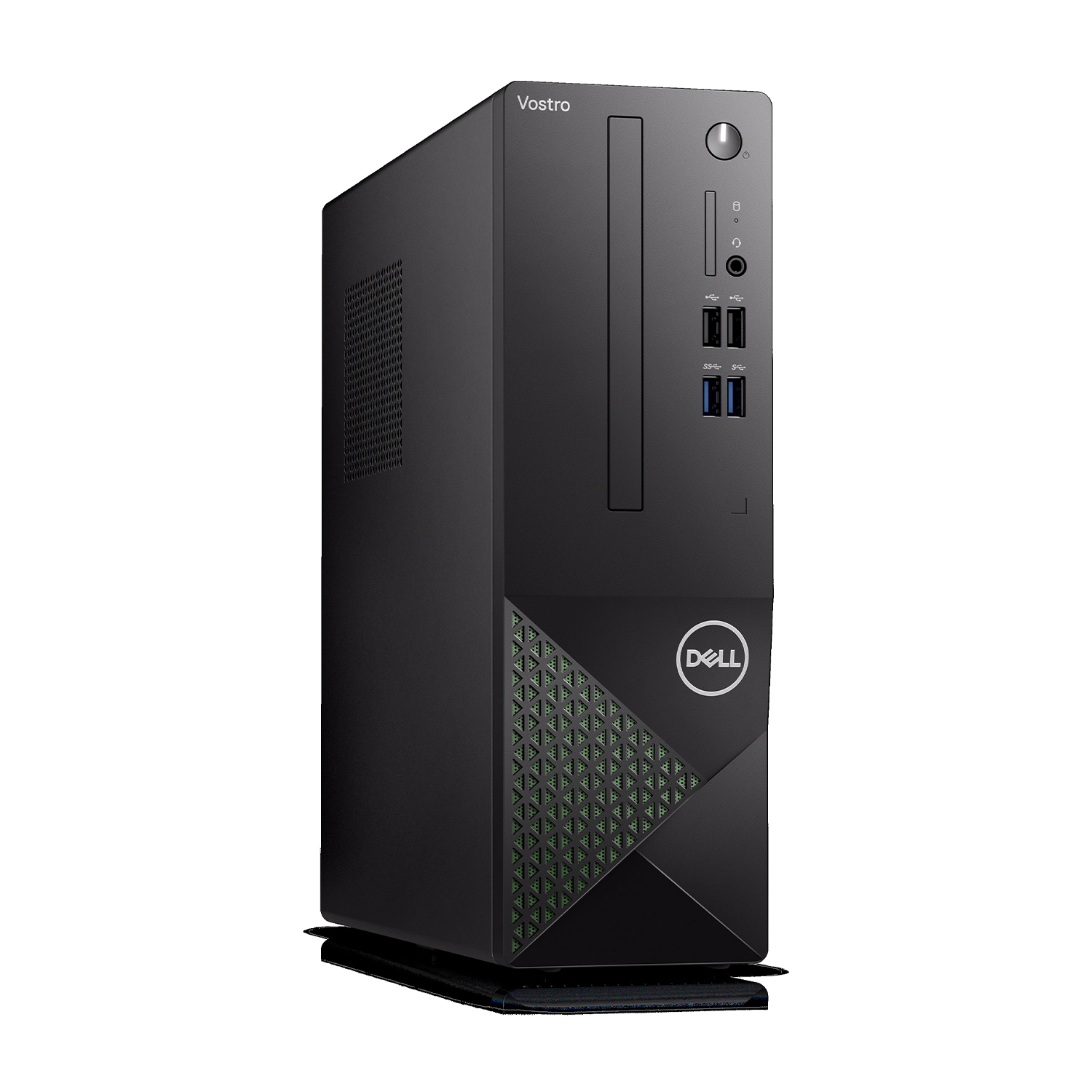 Computer desktop Dell Vostro nero. Ha un design verde sul pannello frontale.