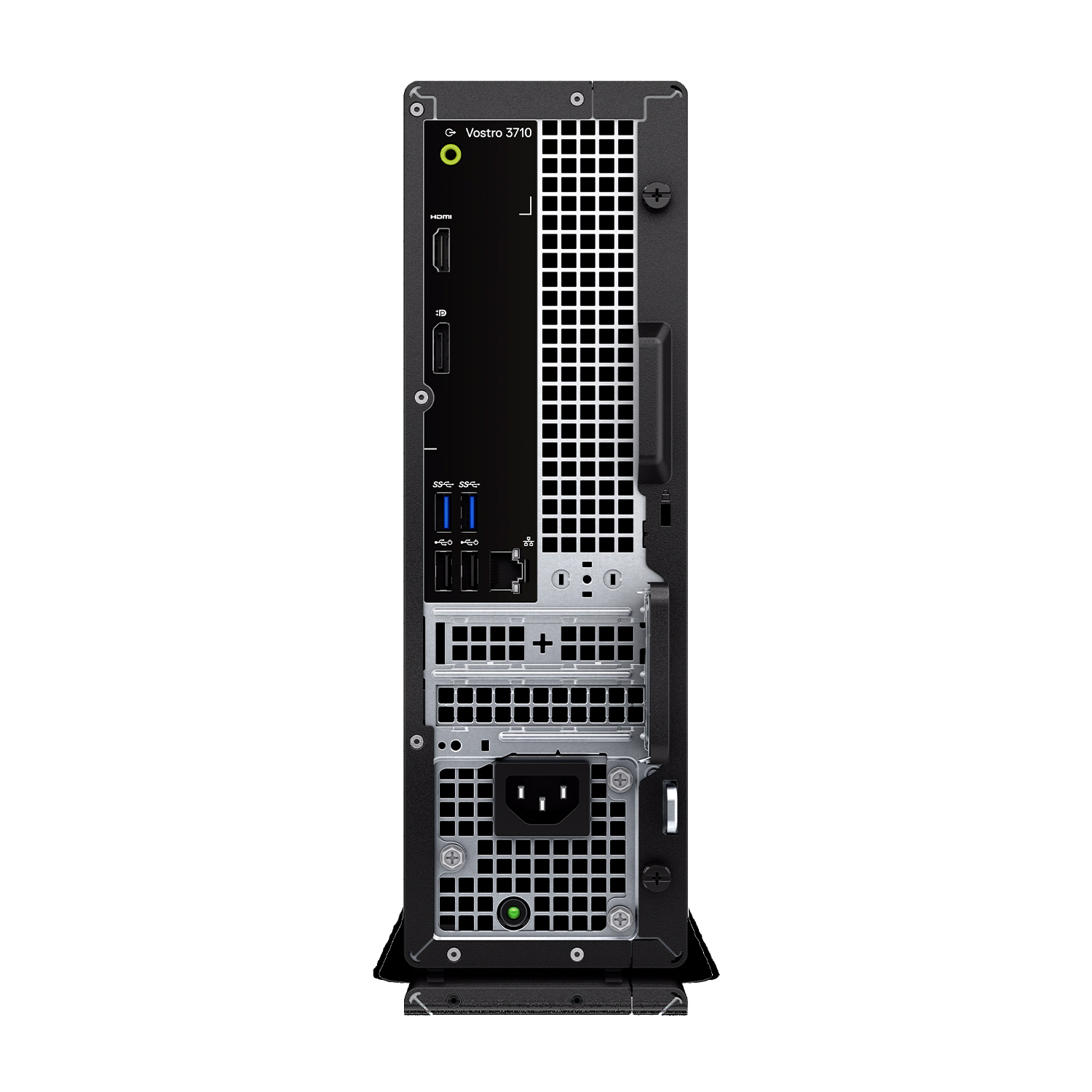 La parte posteriore di un computer desktop Dell Vostro 3710 nero. Porte, presa di corrente e maniglia visibili.