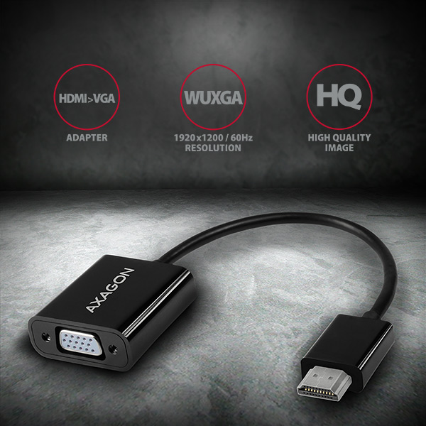 Fekete HDMI-VGA adapter HDMI-VGA, WUGA és HQ feliratokkal.