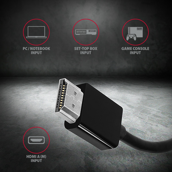 HDMI kábel csatlakozókkal és bemeneti ikonokkal. PC, set-top box és játékkonzol ikonok láthatók.