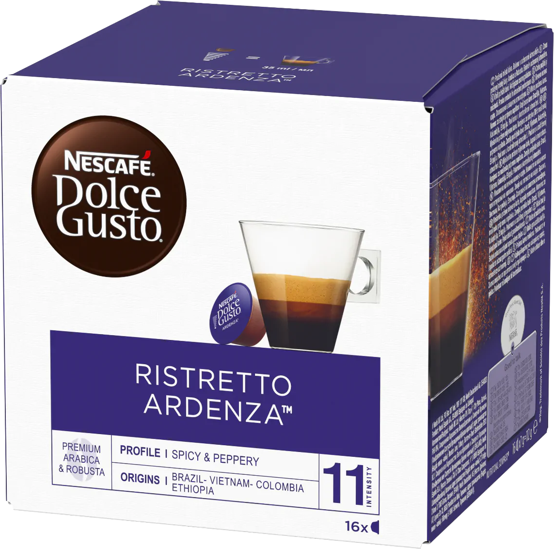 Eine Schachtel Nescafé Dolce Gusto Kaffeepads mit einer Tasse Kaffee.