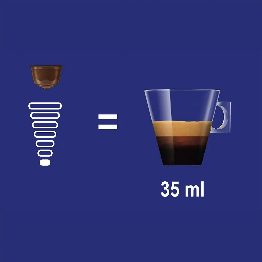 Bild zeigt Kaffeezubereitung. Eine Kapsel, eine Reihe von Linien und ein Glas Kaffee.