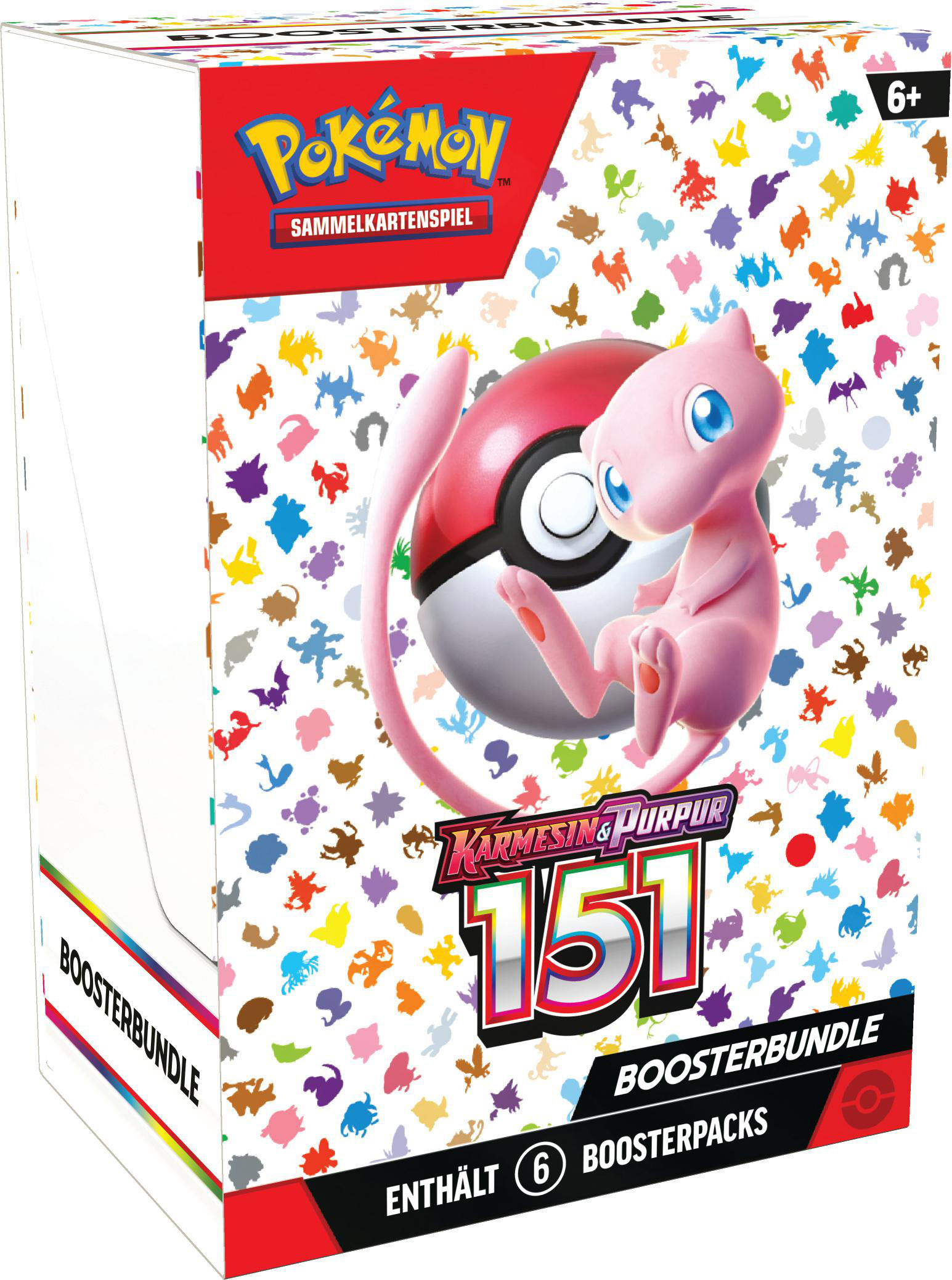 Pokemon Booster-Box mit pinkfarbenem Mew, Pokeball und farbenfrohem Design.