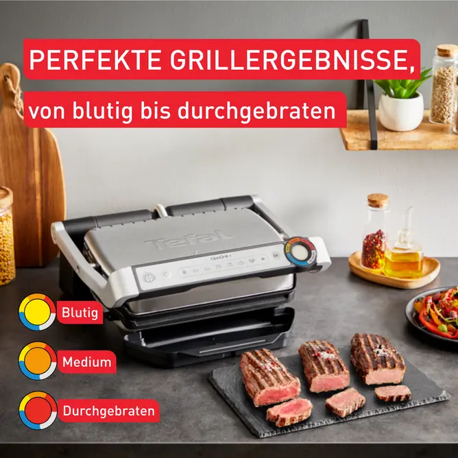 Grill mit Steaks und farbcodierten Garstufen: blutig, medium, durchgebraten. Text: „Perfekte Grillergebnisse“.