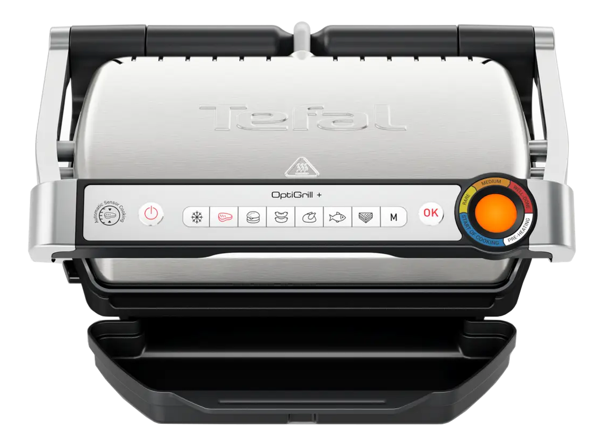 Silber-schwarzer Grill mit Bedienelementen und einer Tropfschale.