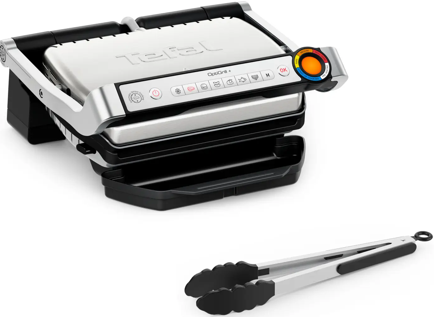 Ein Tefal OptiGrill+ mit Zubehör. Der Grill ist geöffnet. Die Zange ist unten platziert.