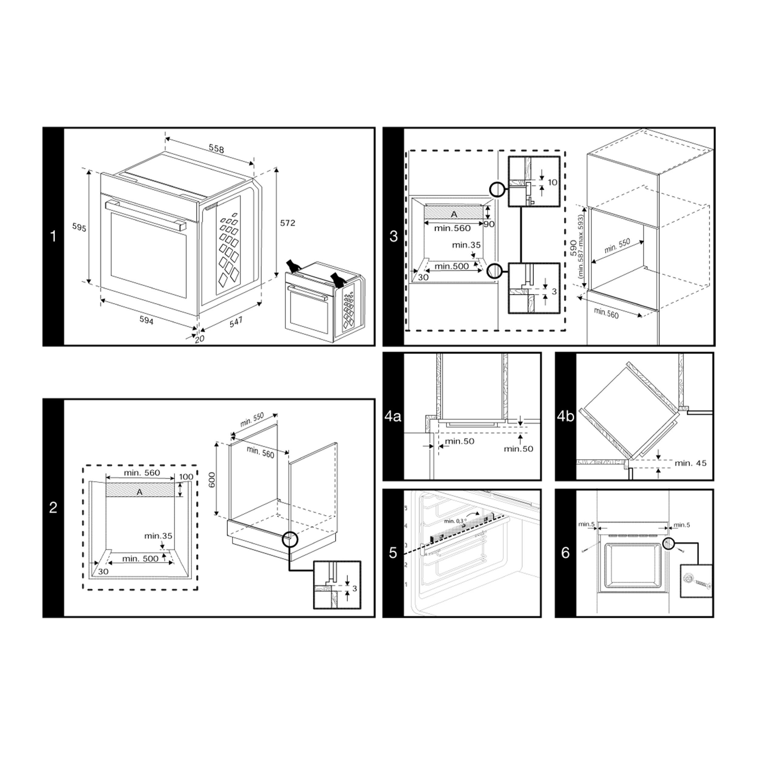 Diagramm eines Ofens mit Abmessungen und Installationsanweisungen für verschiedene Konfigurationen.