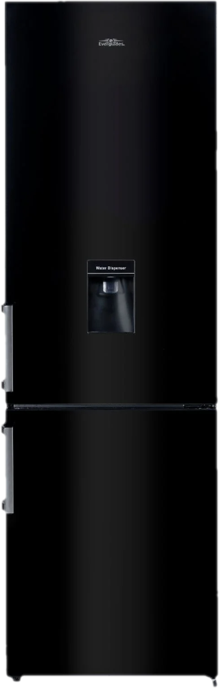 Réfrigérateur noir avec distributeur d'eau, deux portes et poignées métalliques. Design élégant.