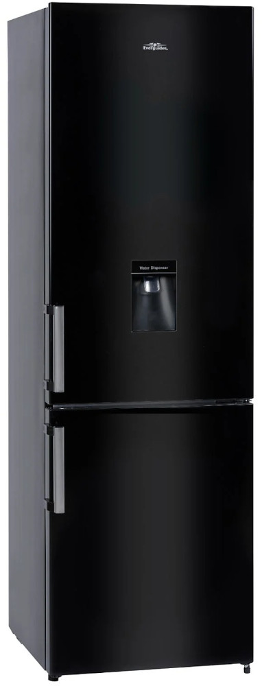Réfrigérateur noir avec deux portes, distributeur d'eau et poignées argentées.