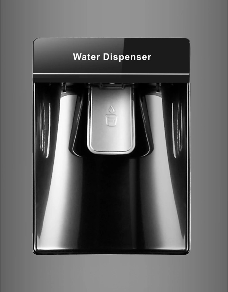 Un distributeur d'eau noir avec un bec verseur argenté et les mots 'Water Dispenser' en haut. Fond gris.