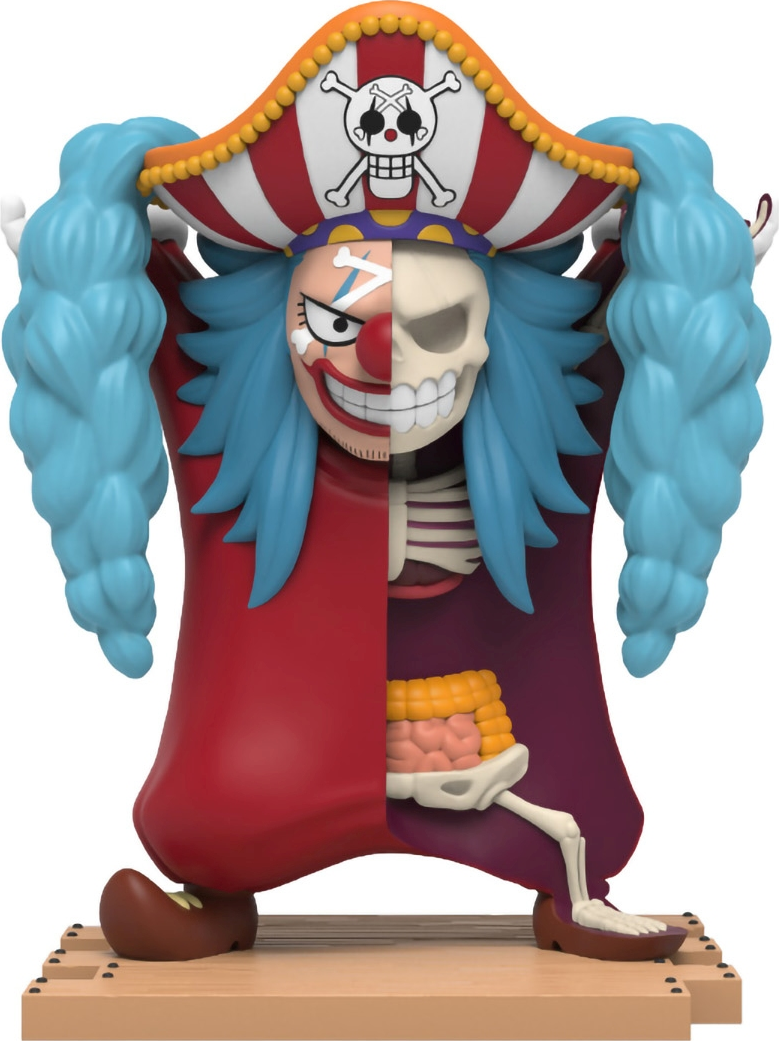 Eine halb menschliche, halb skelettartige Clownfigur. Der Clown trägt einen Hut und ein rotes Kostüm.