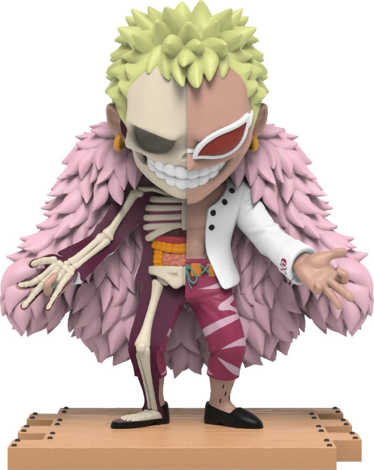 Eine Figur, die Doflamingo aus One Piece zeigt, aufgeteilt, um sowohl menschliche als auch skelettartige Formen zu zeigen.