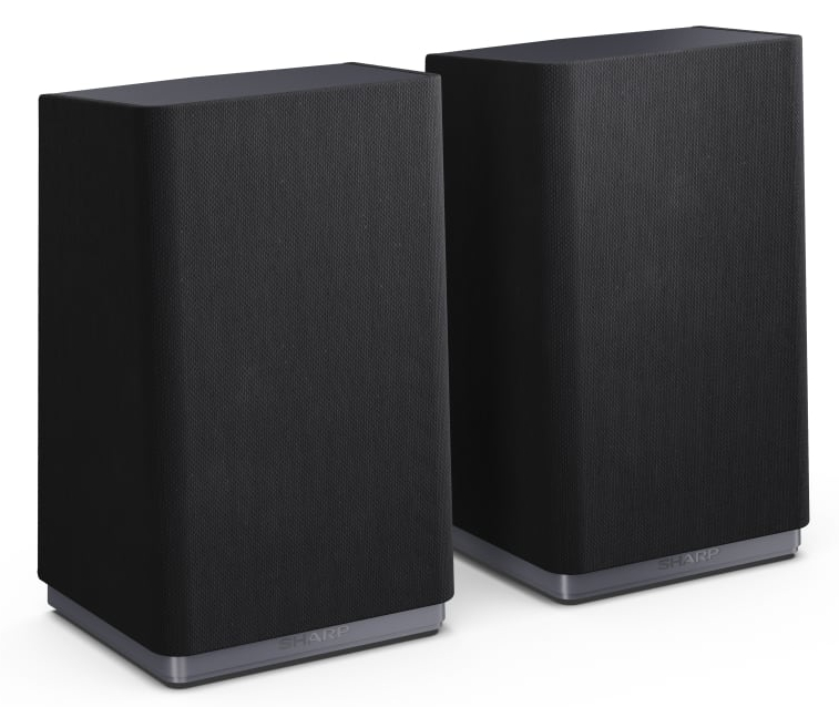 Dwa czarne głośniki Sharp na białym tle. Przód skierowany do widza.