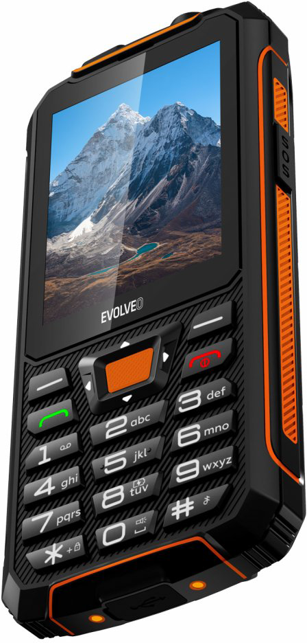 Egy narancs-fekete, strapabíró telefon nagy képernyővel, hegyi tájképpel.